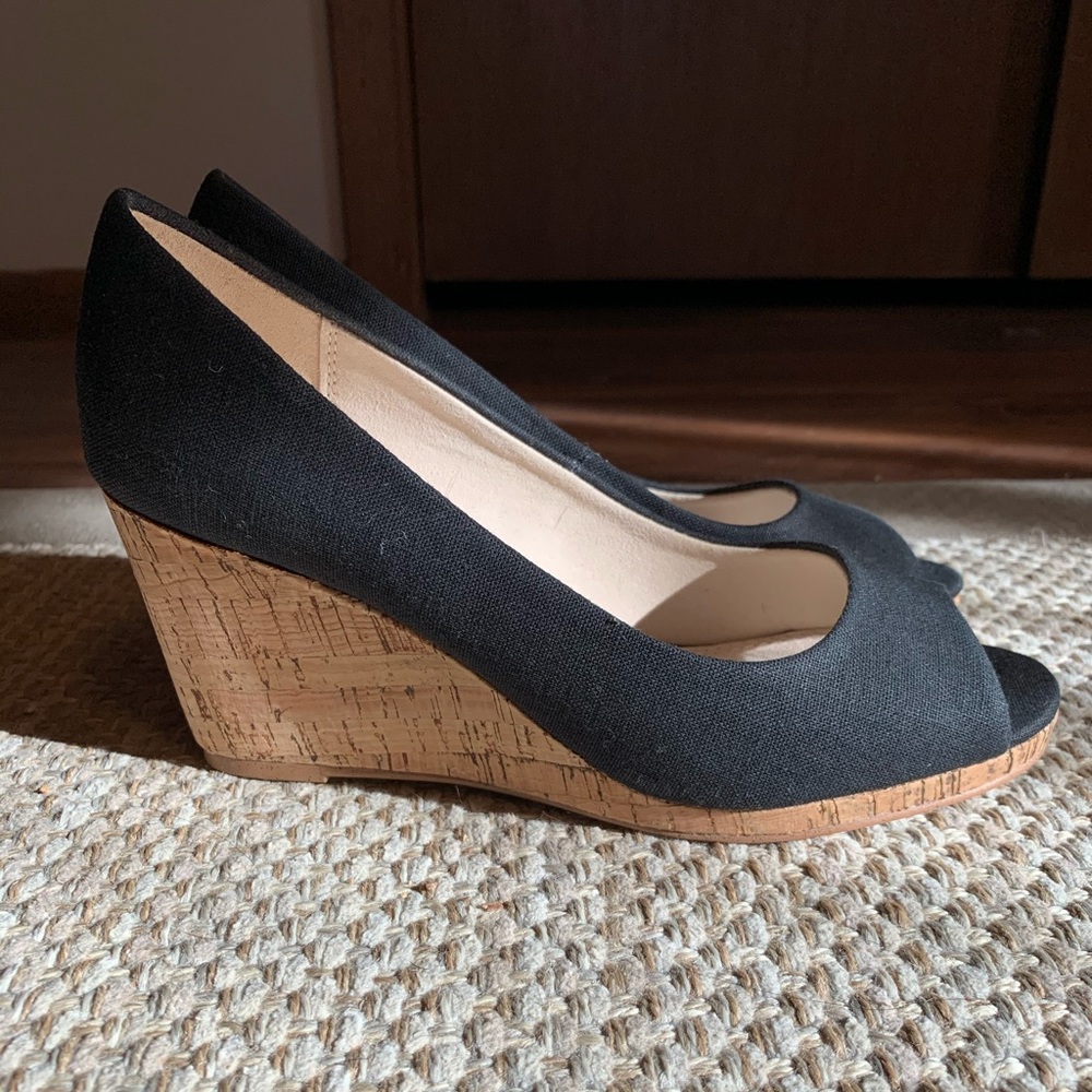 Brand new cork & black canvas peep-toe wedge.